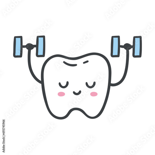 hand drawn cartoon of a tooth doing exercise with weights. cute tooth. healthy and strong teeth concept