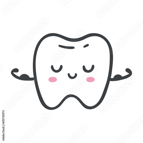 hand drawn cartoon of a tooth showing its muscles. cute tooth. healthy and strong teeth concept