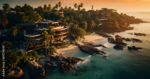 Aerial view of luxury hotel and resort at sea beach in tropical sea at sunset with beautiful colors. photo