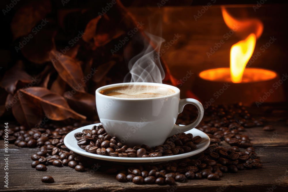hot coffee with coffee beans on wood table hot coffee with coffee beans on wood table