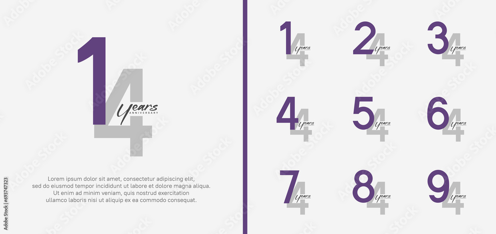 set of anniversary logo purple and gray color number on white background for celebration