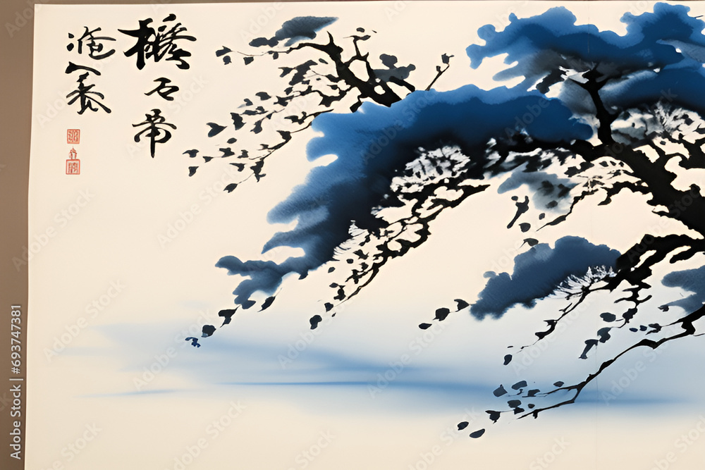 Obraz premium The flow of ink spreading across paper, much like a conversation with nature, brings forth the mysterious essence of the East in sumi-e. Generative AI.