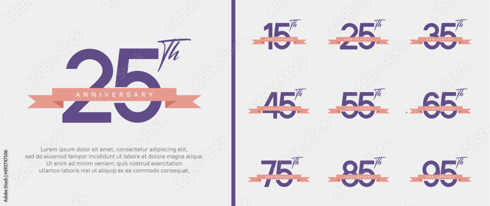 set of anniversary logo purple color number and pink ribbon on white background for celebration set of anniversary logo purple color number and pink ribbon on white background for celebration