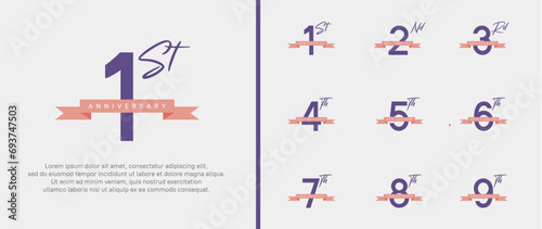 set of anniversary logo purple color number and pink ribbon on white background for celebration