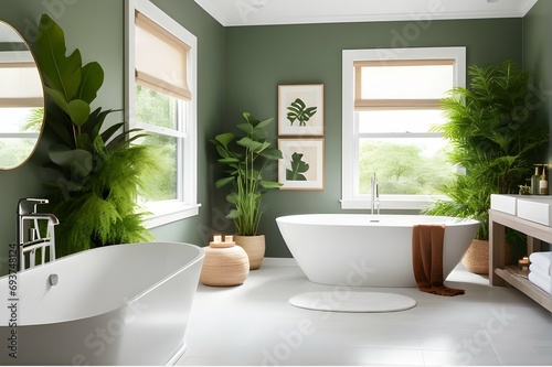 A serene bathroom oasis with a freestanding bathtub, candles, and lush green plants.  © AI ARTS