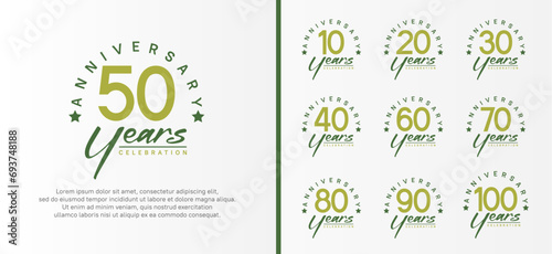 set of anniversary logo flat green color number and dark green text on white background for celebration