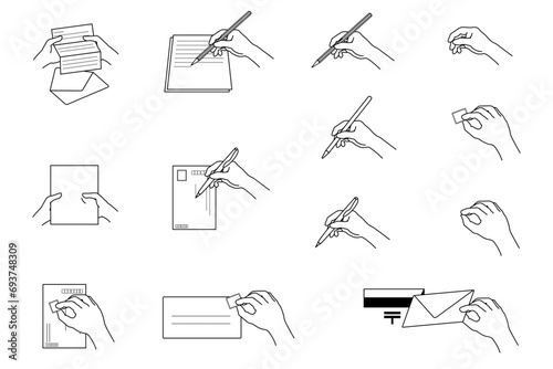 ベクターイラストセット:手の動作_書く_手紙を出す_切手を貼るなど