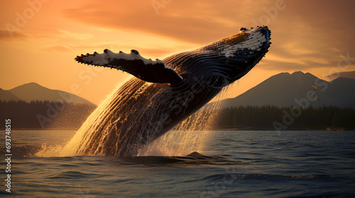 Scene of a whale bursting out of the water, nature, animal, whale, water, ocean, mammal, nature, ecosystem, landscape, mountain, sky, sunset, AI generate.