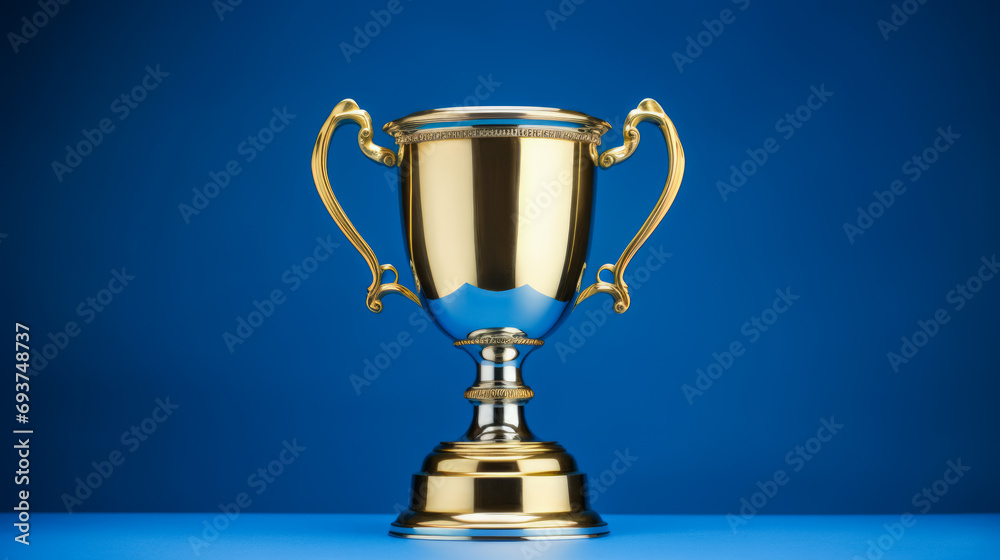 Golden trophy on a blue background symbolizing victory. Success Concept. Generative AI Golden trophy on a blue background symbolizing victory. Success Concept. Generative AI
