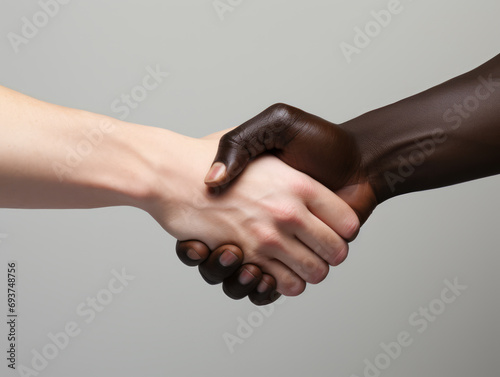 Multiracial handshake, neutral background, concept of diversity and unity in business. Generative AI