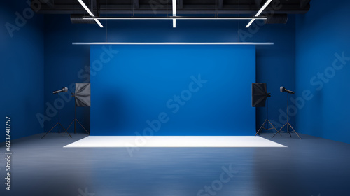 Empty photo studio with vibrant blue backdrop and professional lighting setup. Fashion photography concept. Generative AI photo