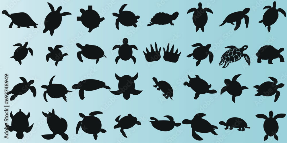 Tortues, silhouettes, turquoise, fond - Collection variée de tortues élégantes et modernes sur un fond turquoise. Représente la nature, l’océan, la mer, la faune aquatique.Idéal pour le graphisme - obrazy, fototapety, plakaty 