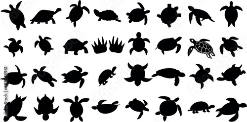 turtle silhouettes Vector illustration, perfect for wildlife education and preservation campaigns. Distinct poses and species, print-ready and digitally usable. Ideal for graphic design projects