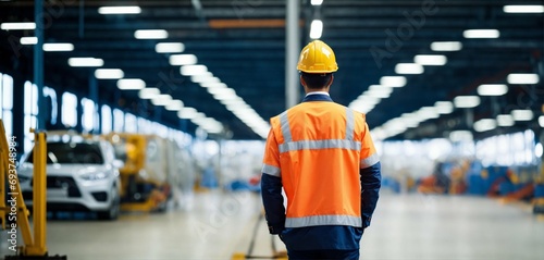back view of a Engineer on a blurred factory with automotive vehicles background, studio quality, high focus, high quality photo, selective focus photo
