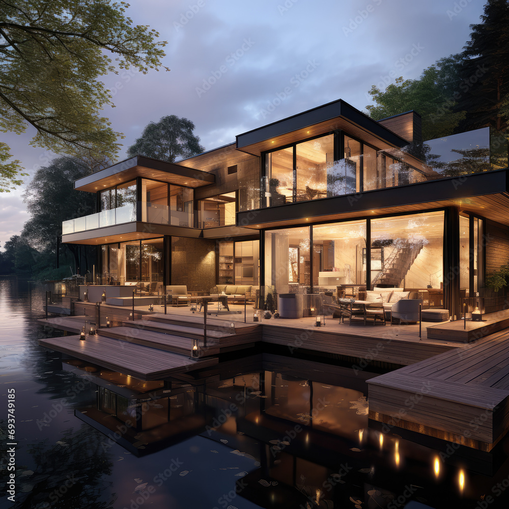Fototapeta premium 3d rendering of modern house by the river at evening