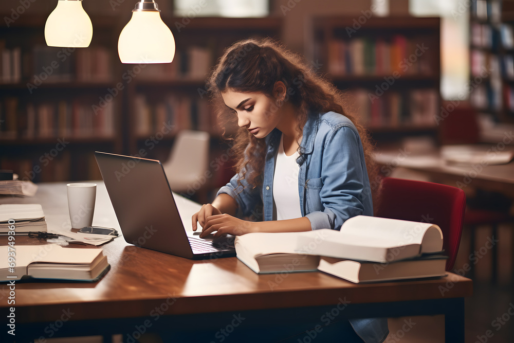 woman engrossed in her studies at a library. She is working on a laptop at a wooden table, surrounded by stacks of books woman engrossed in her studies at a library. She is working on a laptop at a wooden table, surrounded by stacks of books