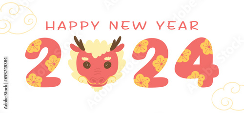 Festive Chinese Dragon face Cartoon Illustration for New Year 2024 Celebration © Natsicha