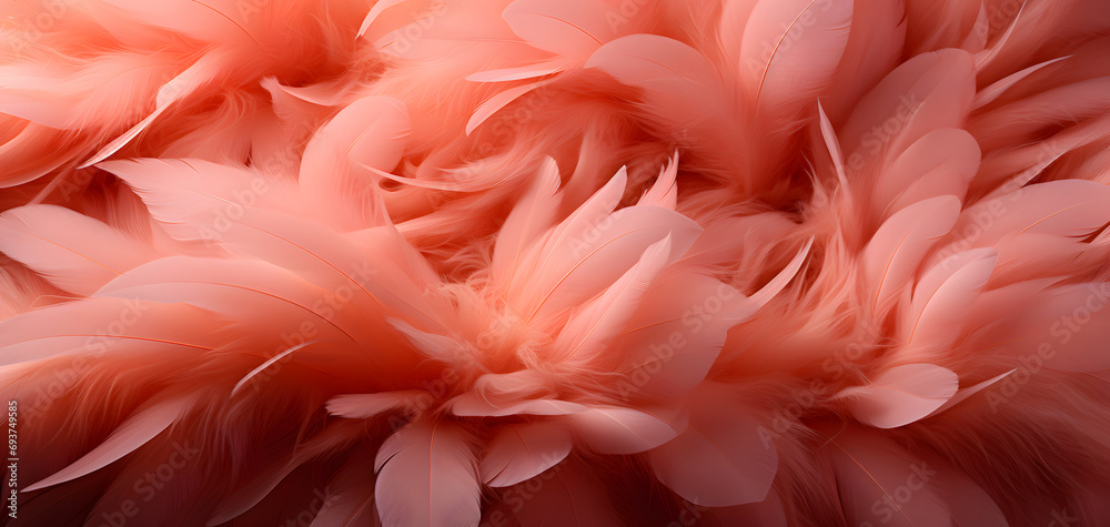 An abstract background of fluffy peach fuzz feathers that are delicate and dreamy in texture. Color of the year 2024
