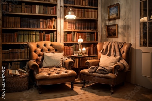 A charming shabby chic reading corner, combining worn leather chairs with modern bookshelves and ambient lighting