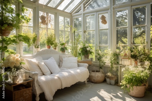 A sunlit shabby chic garden room with modern botanical accents, creating a serene and inviting space