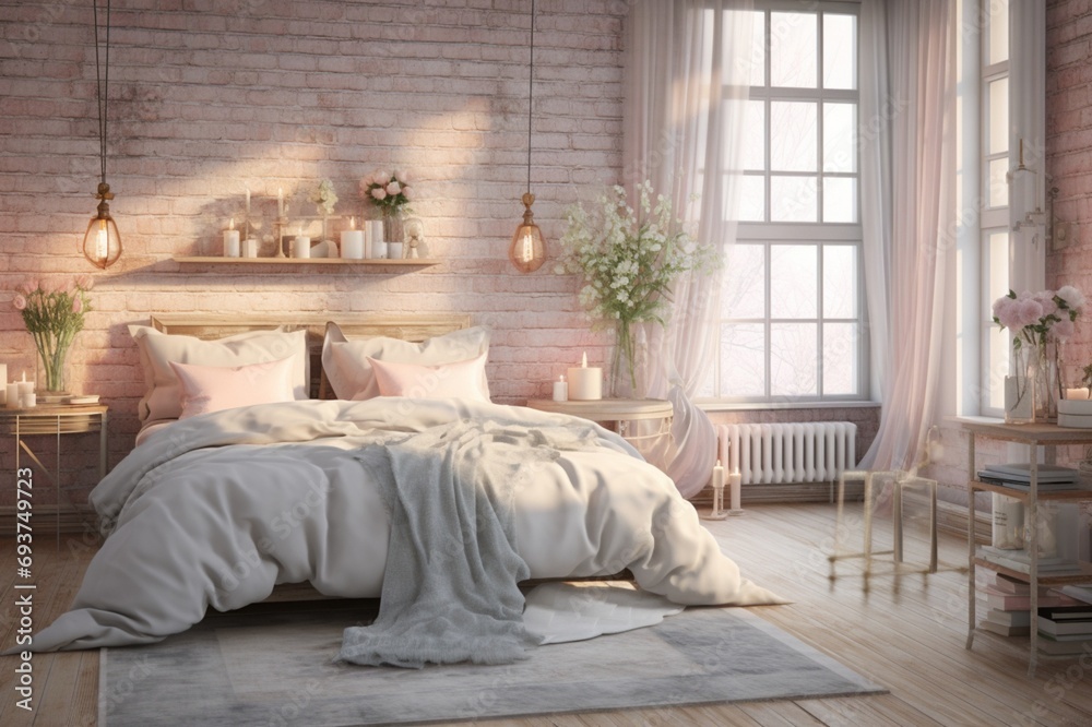 A tranquil shabby chic bedroom with a contemporary twist, showcasing a mix of faded pastels and modern lighting
