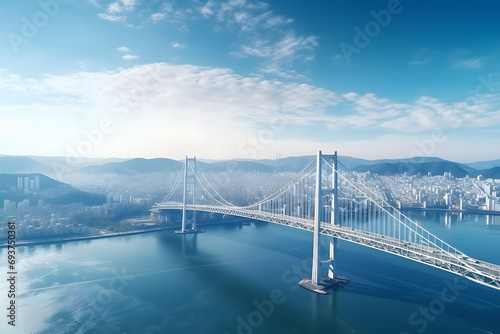  majestic suspension bridge spanning across a wide river, connects two parts of a capital city with a dense cityscape of skyscrapers