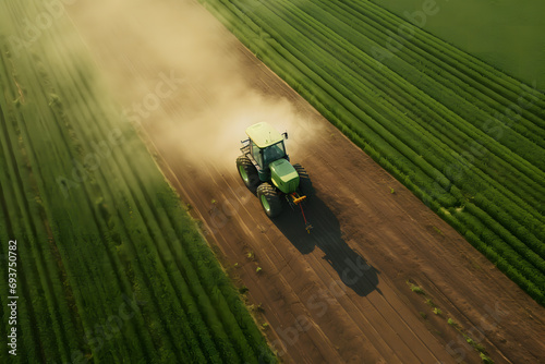 tractor at work in a vast, organized agricultural field. The tractor is tilling or plowing the soil, leaving a cloud of dust in its wake