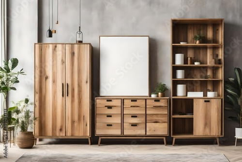 Living Room Design Featuring Wooden Cabinet, Dresser, and Poster Frame