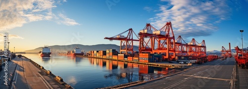A container terminal in a commercial port equipped with cranes. photo
