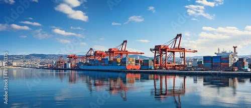 A container terminal in a commercial port equipped with cranes.