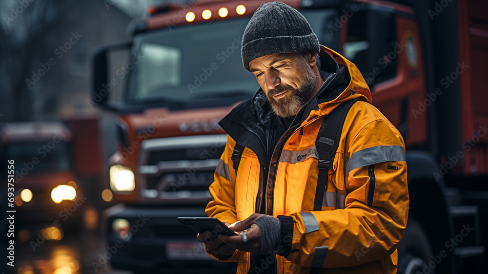 Man in uniform operating a dump truck while controlling the loading of coal or goods with a tablet computer.