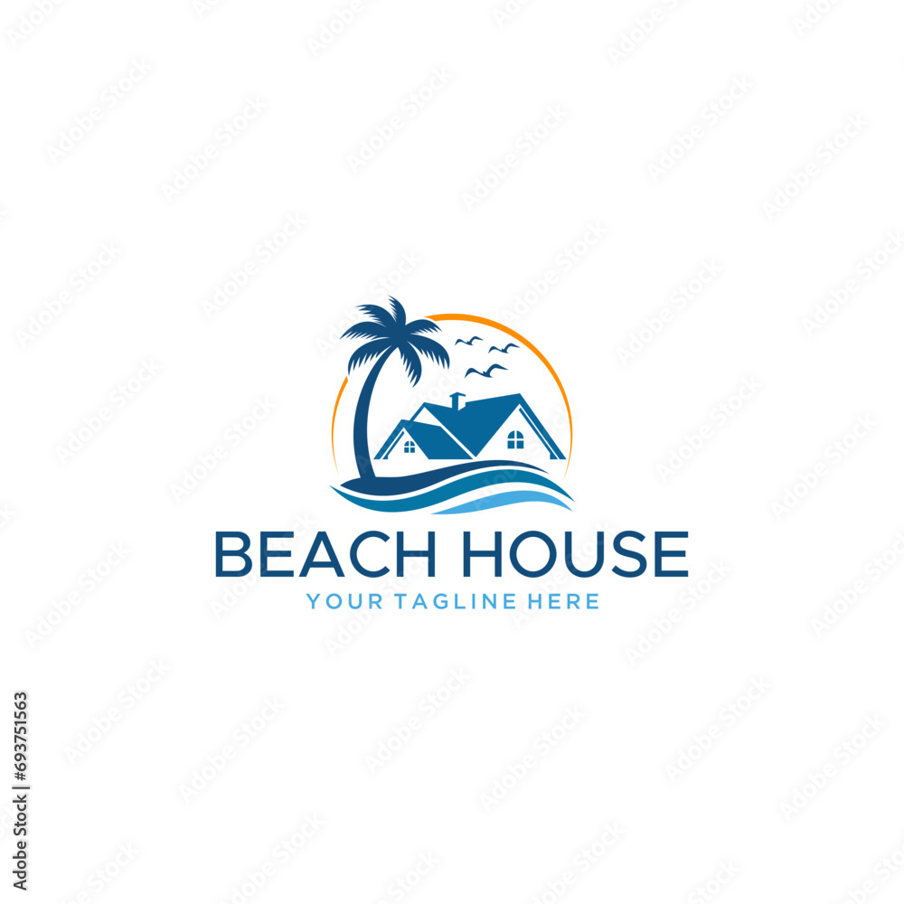 Beach house vector logo with modern concept design, illustration of Palm Tree and house as beach house symbol for homestay and tourist accommodation, Royalty Free Beach House Logo Design, Real Estate Beach house vector logo with modern concept design, illustration of Palm Tree and house as beach house symbol for homestay and tourist accommodation, Royalty Free Beach House Logo Design, Real Estate