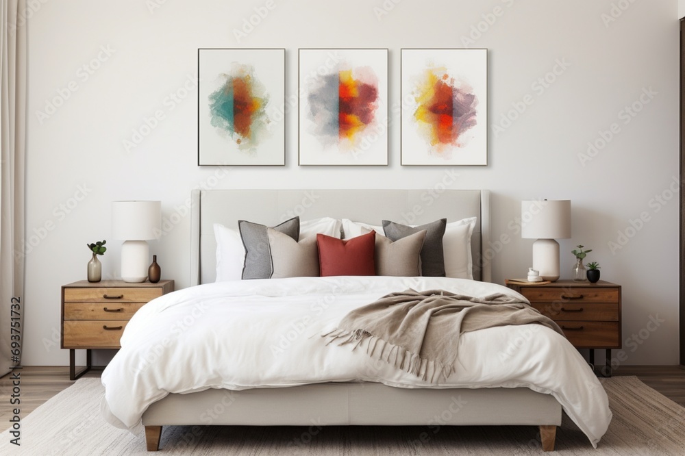 A bedroom with minimalist furniture, vibrant artwork, and a touch of industrial decor, creating a serene and stylish retreat, making it a personalized and comfortable space A bedroom with minimalist furniture, vibrant artwork, and a touch of industrial decor, creating a serene and stylish retreat, making it a personalized and comfortable space