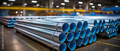A foundry with several alloy inox pipes. photo