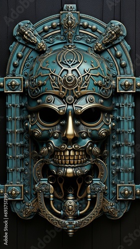 A human-faced metal door knocker.
