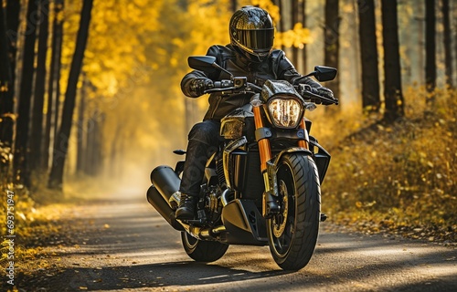 Motorcyclist on a bespoke  elegant motorcycle on an asphalt road in a forest  wearing motorcycle apparel and a helmet.