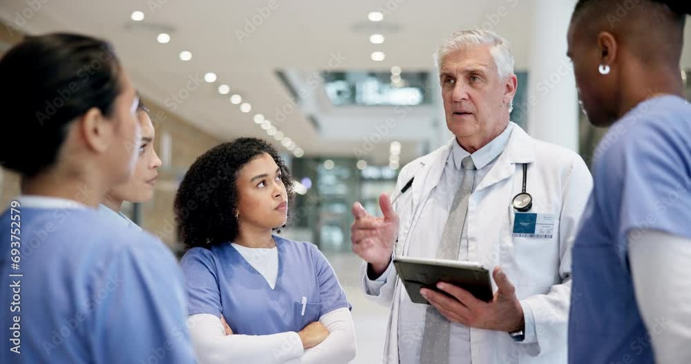 Hospital, teamwork and doctors and nurse on tablet for online report, consulting and diagnosis advice. Healthcare, clinic and man with medical students for research, discussion and collaboration