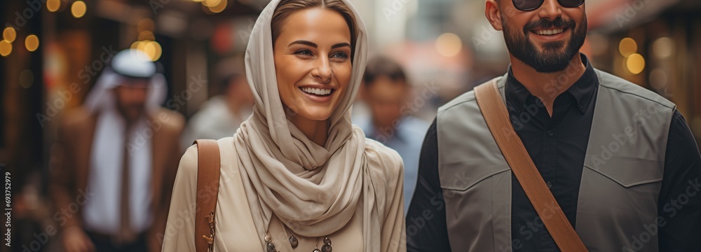Arabs in kandura strolling in a business area. Wearing dish dashas, Arab businesspeople stroll around the downtown streets. Middle Eastern woman with an Arabian grin strolling and conversing.