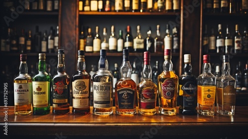 Several alcoholic beverages on display in a bar. photo