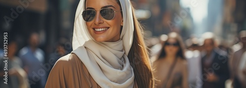 Arabs in kandura strolling in a business area. Wearing dish dashas  Arab businesspeople stroll around the downtown streets. Middle Eastern woman with an Arabian grin strolling and conversing.