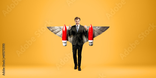 Happy businessman with raised fist and jetpack. Ai generative illustration