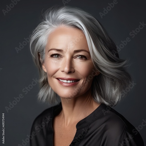 Graceful Aging: Middle-Age Woman with Smooth, Healthy Skin and Happy Smiling Touch 