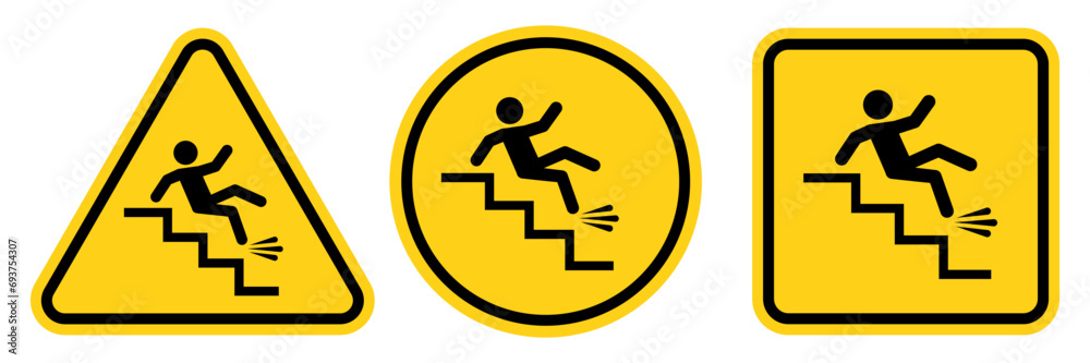 Set warning falling off the stairs sign on white background. slippery stairs warning sign. - obrazy, fototapety, plakaty 