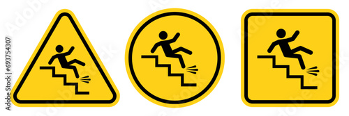 Set warning falling off the stairs sign on white background. slippery stairs warning sign.