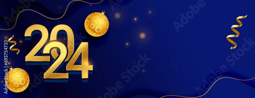 happy new year 2024 greeting banner with xmas bauble and ribbon