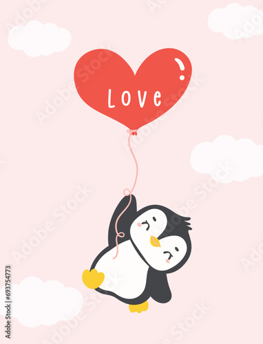 Penguin Valentine with heart balloon cartoon animal hand drawing illustration. © Natsicha