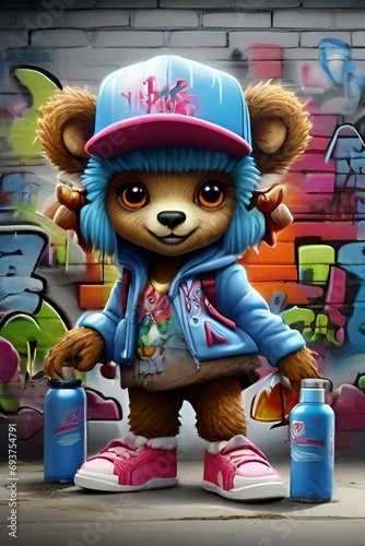 hip hop Graffiti whimsical monster, teddy bear girl creature with cute Chibi eyes. Wear a blue hat and blue shoes, holding a soda bottle, cans of spray paint in ground with walls covered in graffiti b