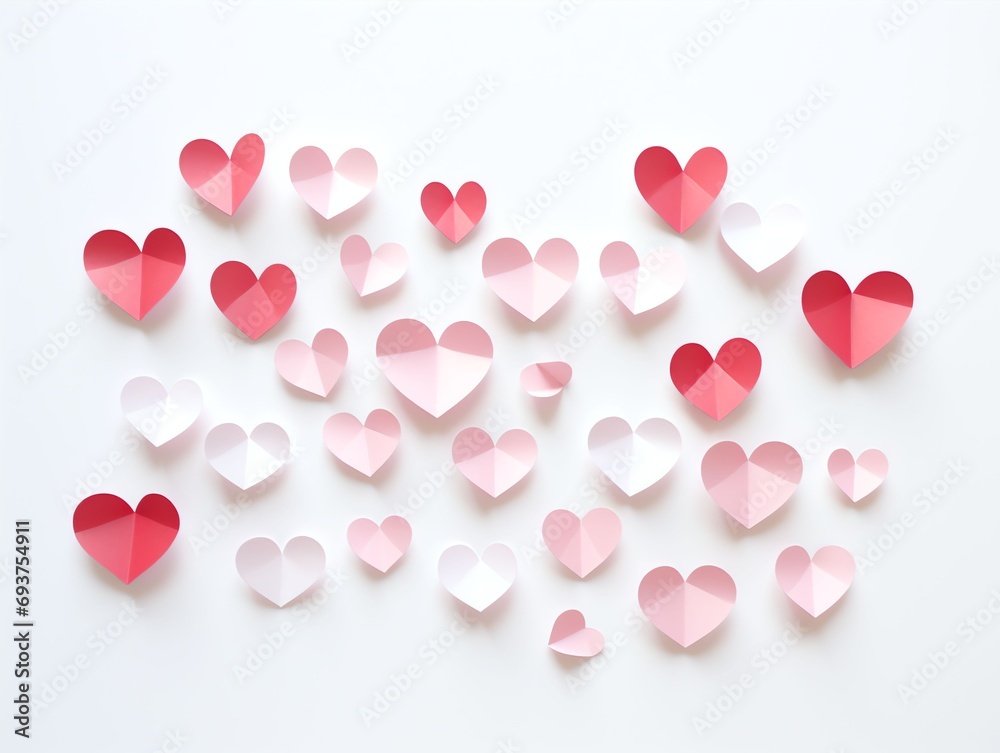 white and pink paper cut hearts on a plain white background