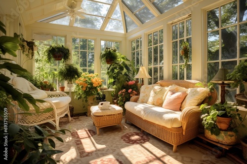 A sunlit conservatory with a variety of comfortable seating, eclectic plant arrangements, and large windows, bringing nature indoors for a serene and relaxing ambiance