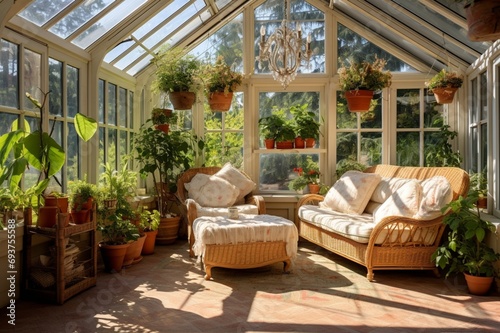 A sunlit conservatory with an array of potted plants, eclectic seating, and large windows overlooking nature © Naseem